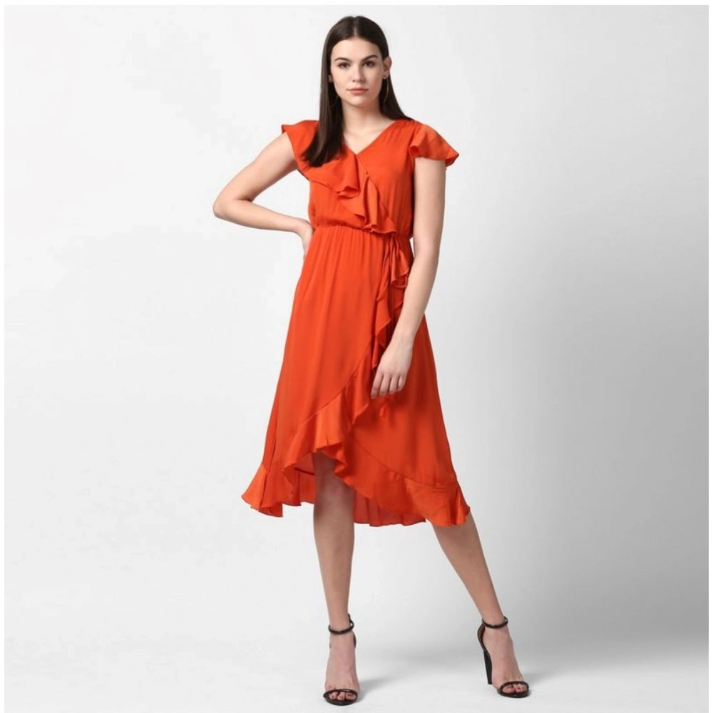 Women'S Polyester Ruffled Cap Sleeve Knee-Length Dress (Orange