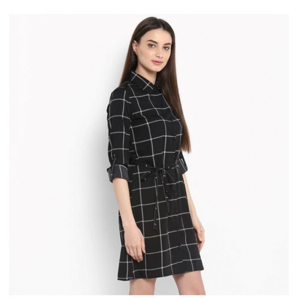 Women'S Polyester Checkered Roll Up Sleeve Above Knee Dress (B