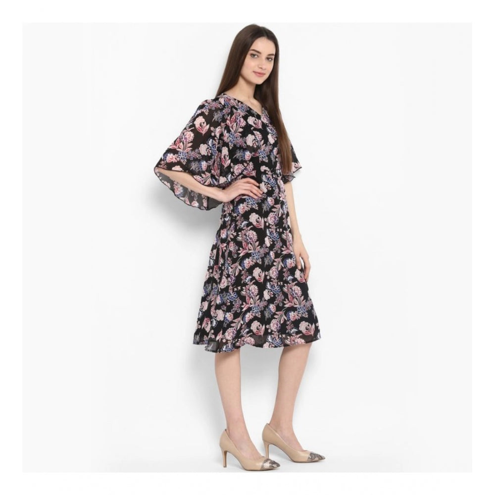 Women'S Polyester Floral Short Sleeve Knee-Length Dress (Black