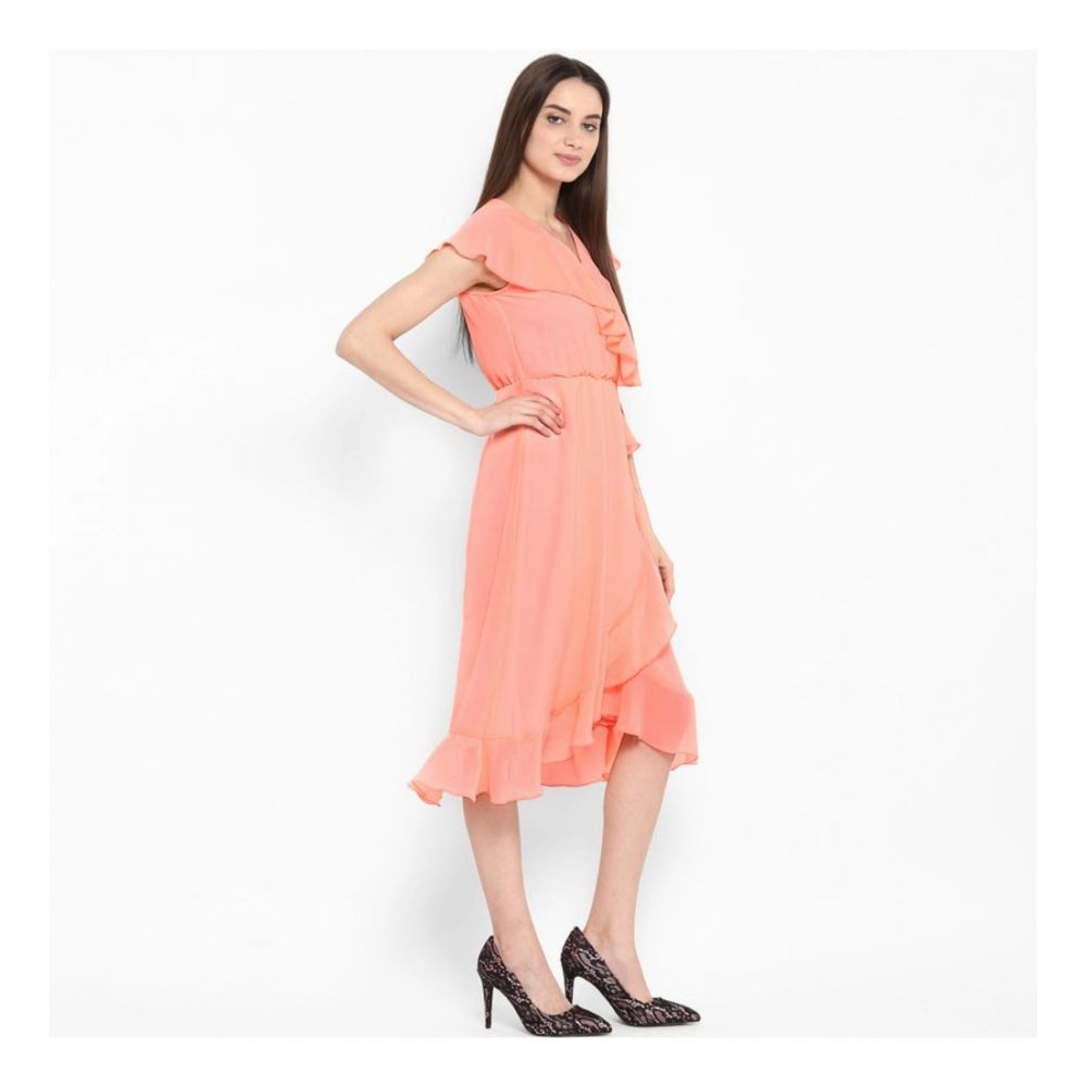 Women'S Polyester Ruffled Cap Sleeve Below Knee Dress (Neon Pi