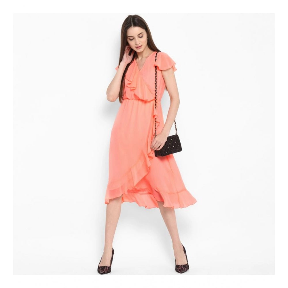 Women'S Polyester Ruffled Cap Sleeve Below Knee Dress (Neon Pi