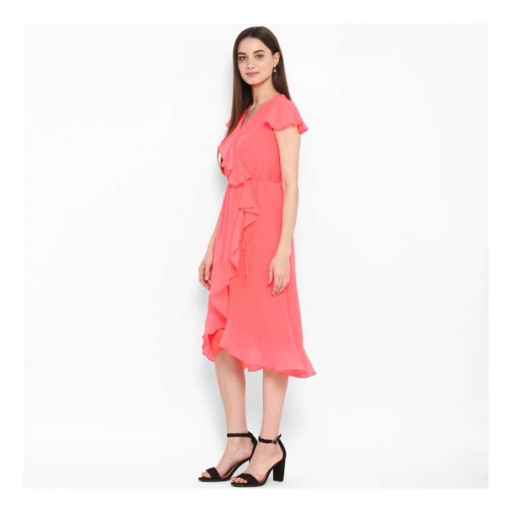 Women'S Polyester Ruffled Cap Sleeve Below Knee Dress (Coral P