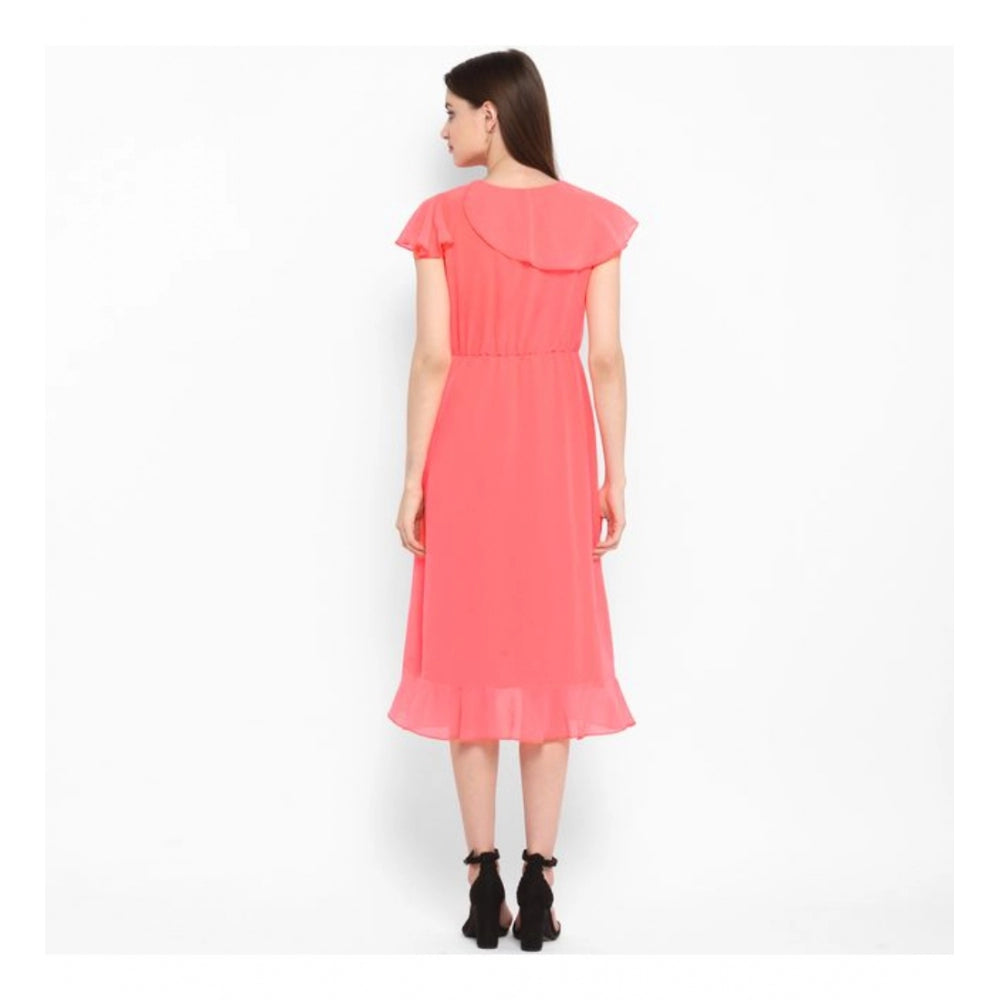Women'S Polyester Ruffled Cap Sleeve Below Knee Dress (Coral P