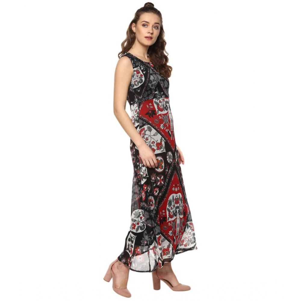 Women'S Polyester Printed Sleeveless Dress (Red - Black)