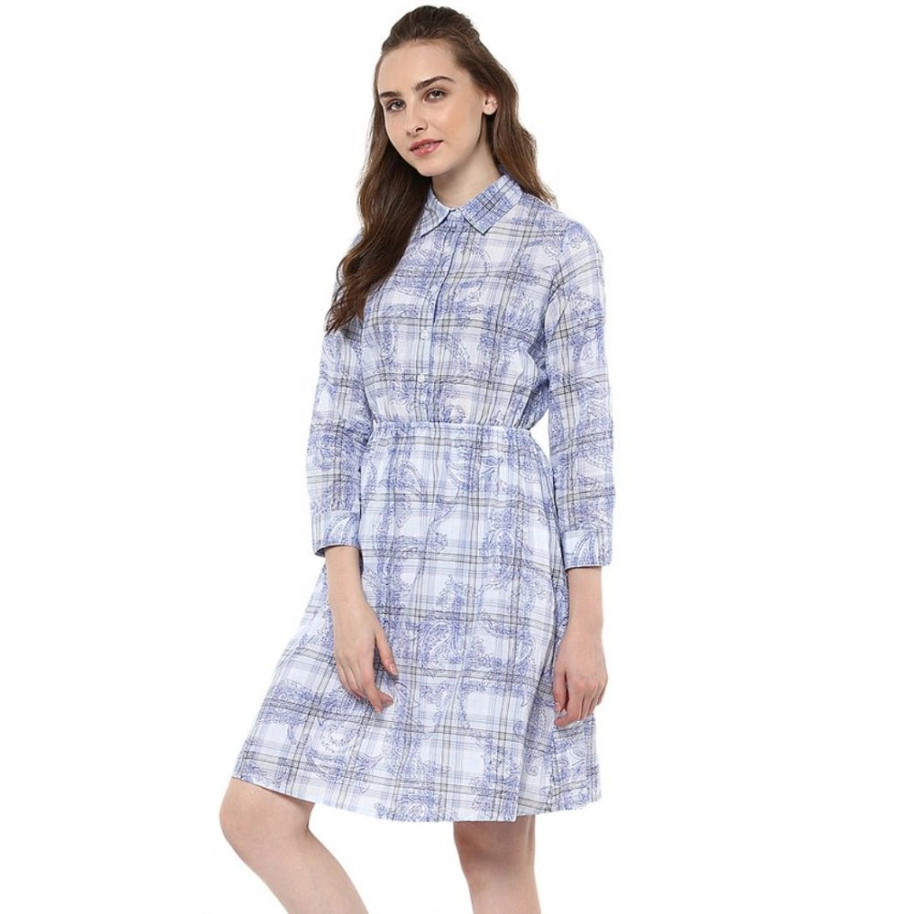 Women'S Cotton Checkered Roll Up Sleeve Above Knee Dress (Blue