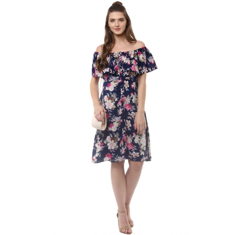 Women'S Polyester Crepe Floral Half Sleeve Above Knee Dress (N