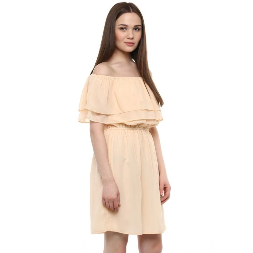 Women'S Polyester Solid Sleeveless Knee-Length Dress (Beige)