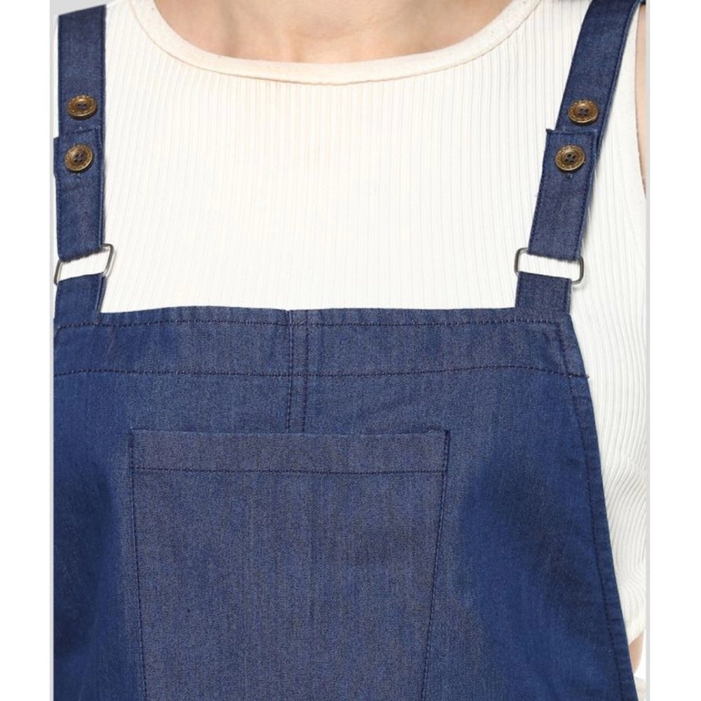 Women'S Denim Solid Shoulder Straps Above Knee Dress (Blue)