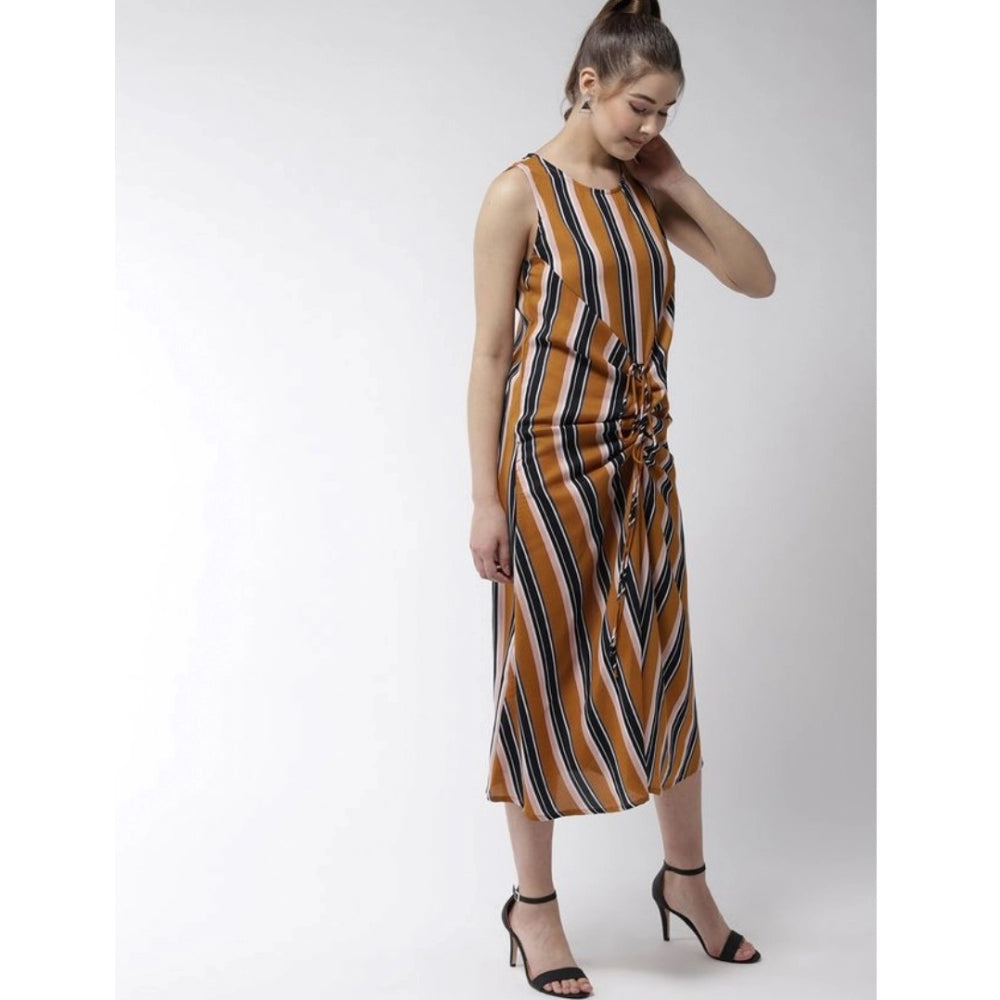 Women'S Polyester Striped Sleeveless Below Knee Dress (Mustard