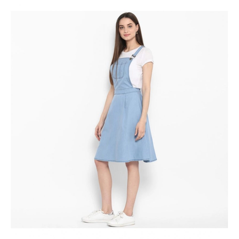Women'S Denim Solid Sleeveless Above Knee Dress (Blue)