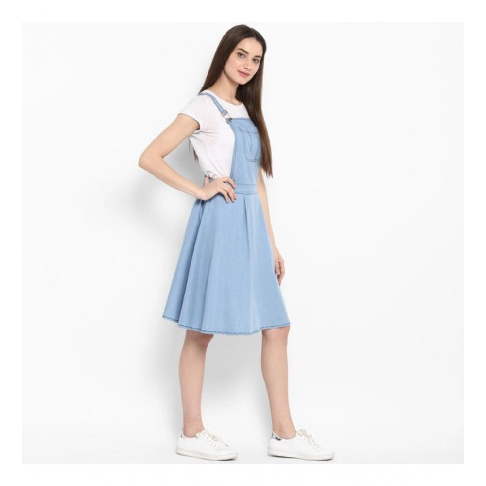 Women'S Denim Solid Sleeveless Above Knee Dress (Blue)