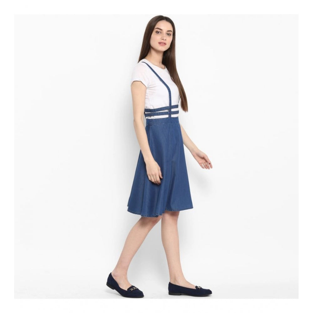 Women'S Denim Solid Shoulder Straps Below Knee Dress (Blue)