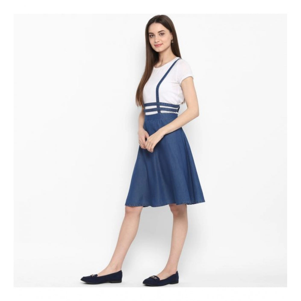 Women'S Denim Solid Shoulder Straps Below Knee Dress (Blue)