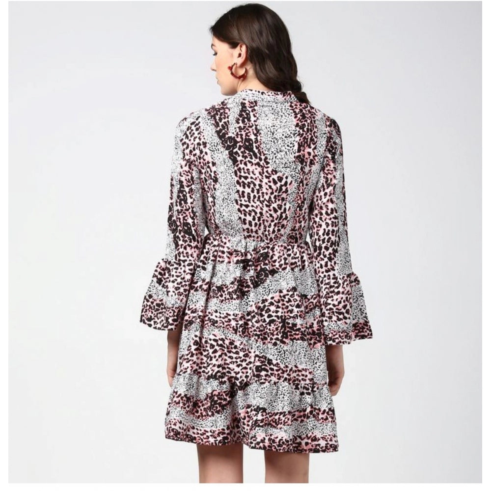 Women'S Polyester Animal Print Bell Sleeve Above Knee Dress (P