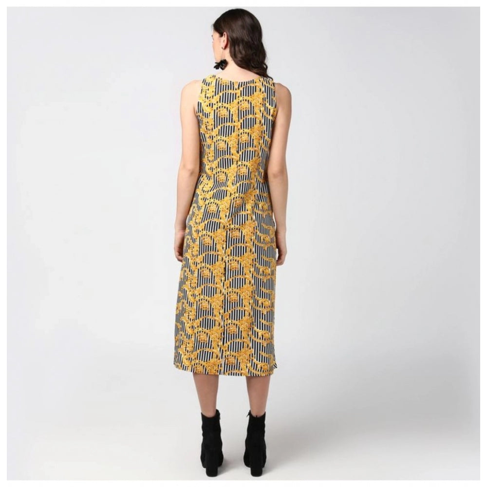 Women'S Polyester Chain Print Sleeveless Below Knee Dress (Yel