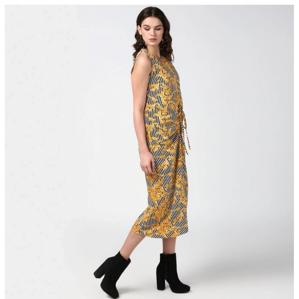Women'S Polyester Chain Print Sleeveless Below Knee Dress (Yel