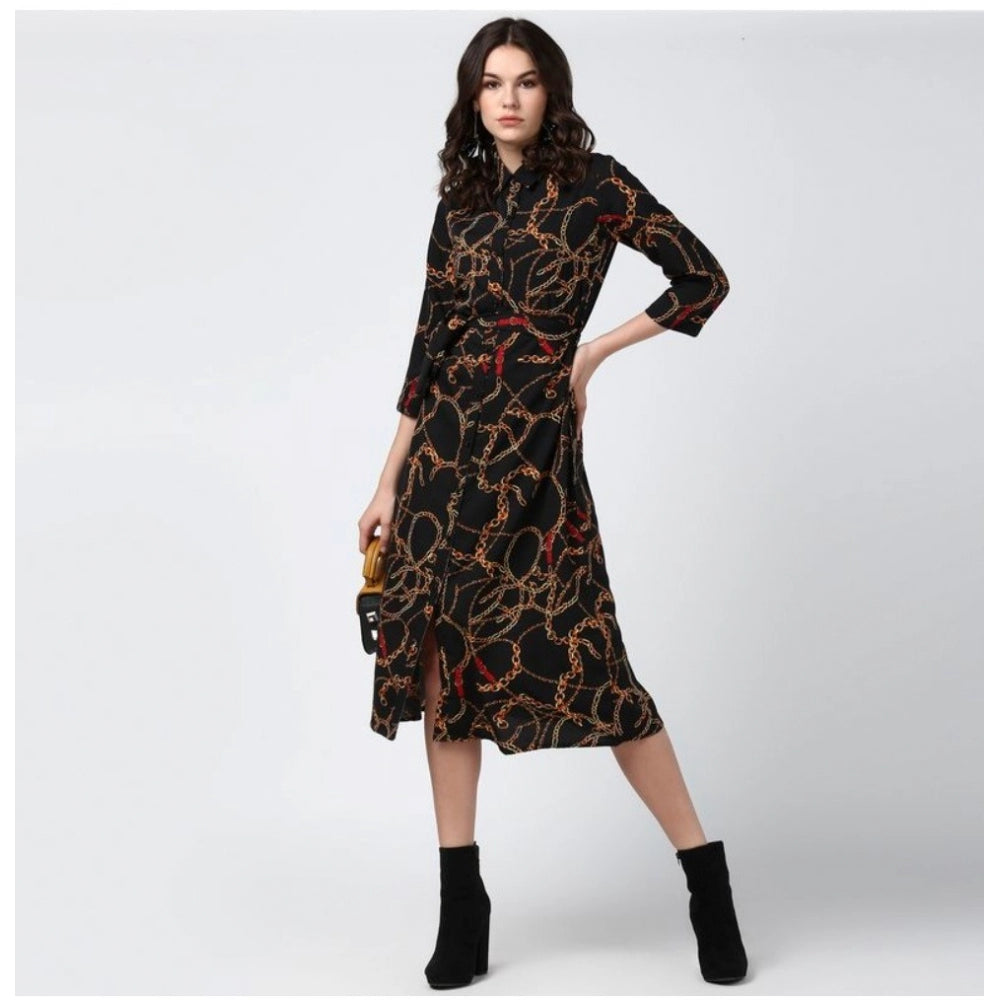 Women'S Polyester Chain Print Roll Up Sleeve Below Knee Dress