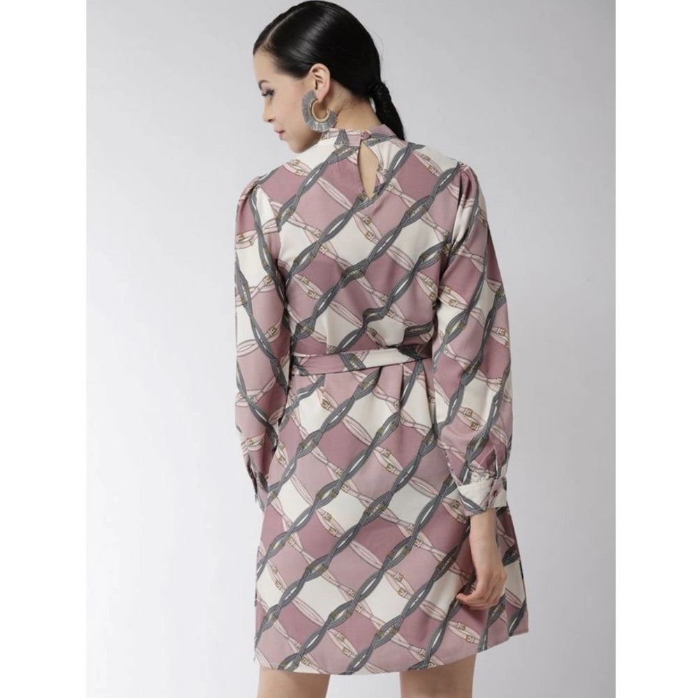 Women'S Polyester Checkered Long Sleeves Above Knee Dress (Off