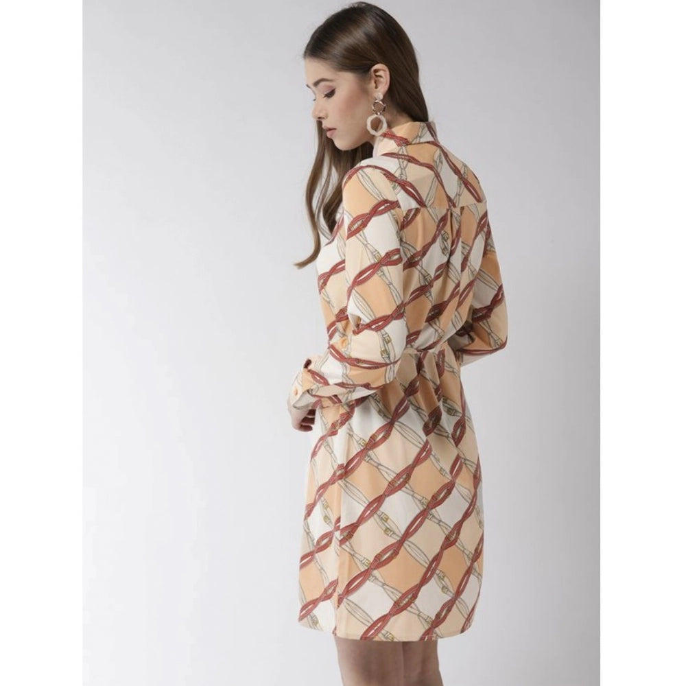 Women'S Polyester Printed Roll Up Sleeve Above Knee Dress (Off