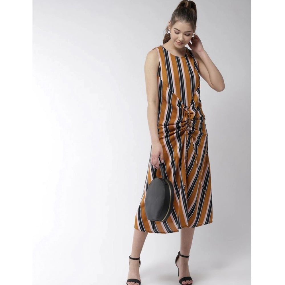 Women'S Polyester Striped Sleeveless Below Knee Dress (Mustard
