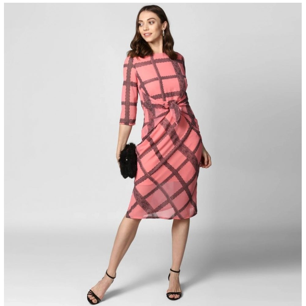 Women'S Polyester Checkered 3-4Th Sleeves Below Knee Dress (Pi