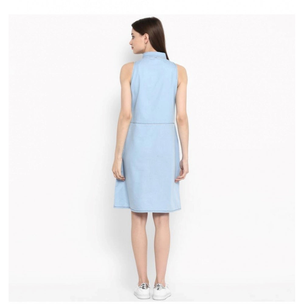 Women'S Denim Solid Sleeveless Below Knee Dress (Blue)