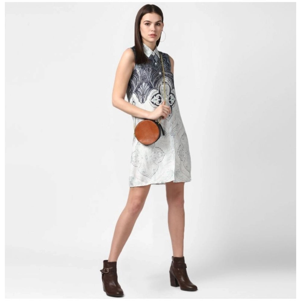Women'S Polyester Printed Sleeveless Above Knee Dress (Blue)