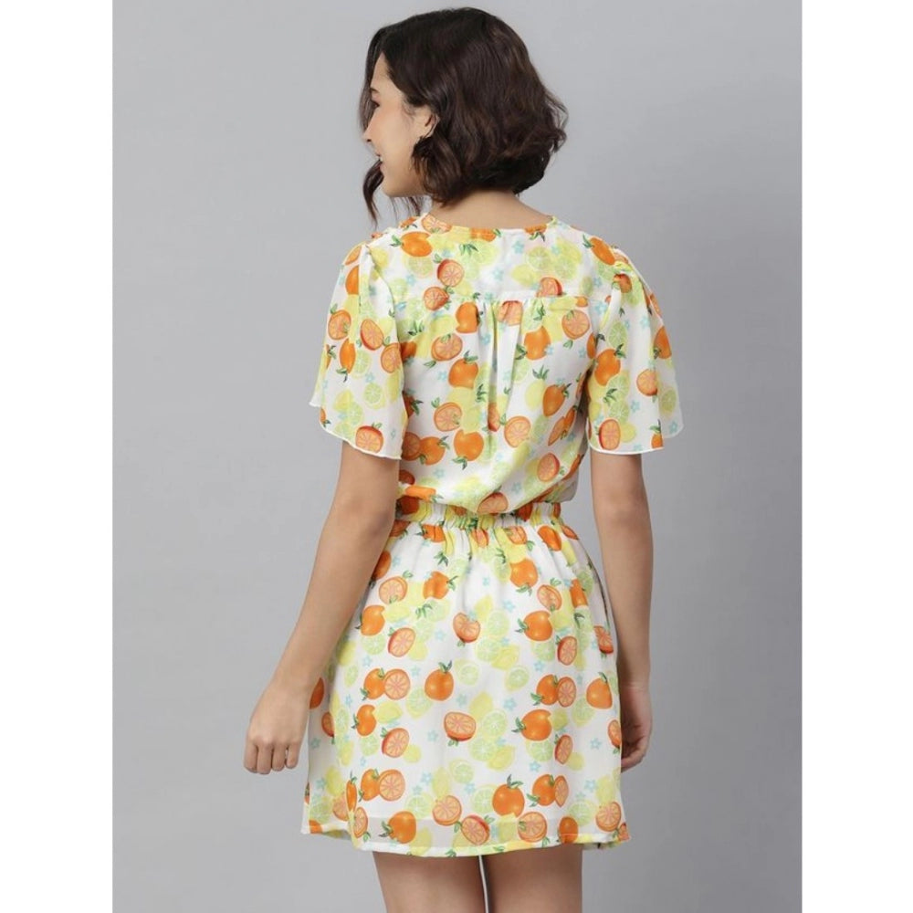 Women'S Polyester Printed Flutter Above Knee Dress (Orange - Y
