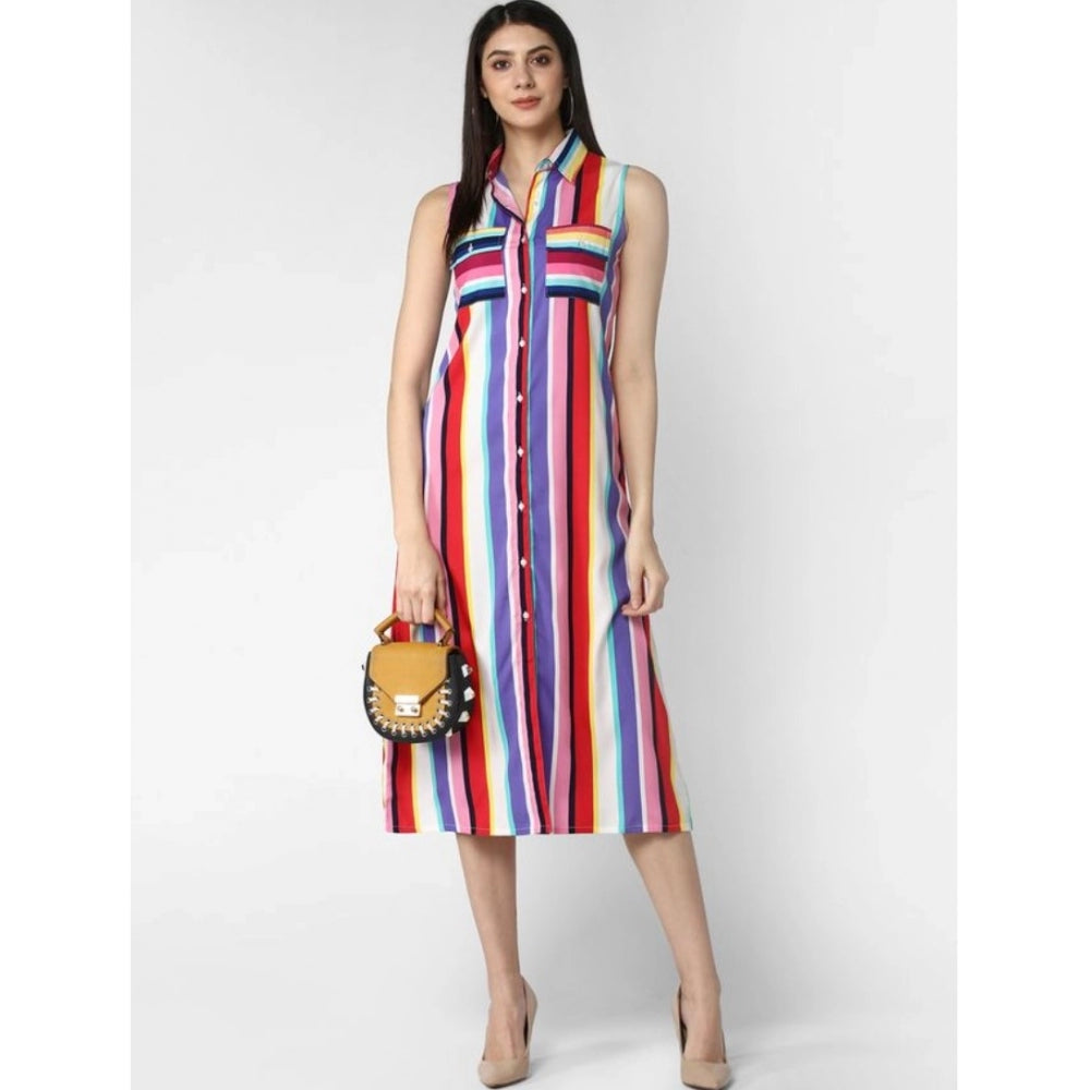 Women'S Polyester Striped Sleeveless Calf-Length Dress (Multic
