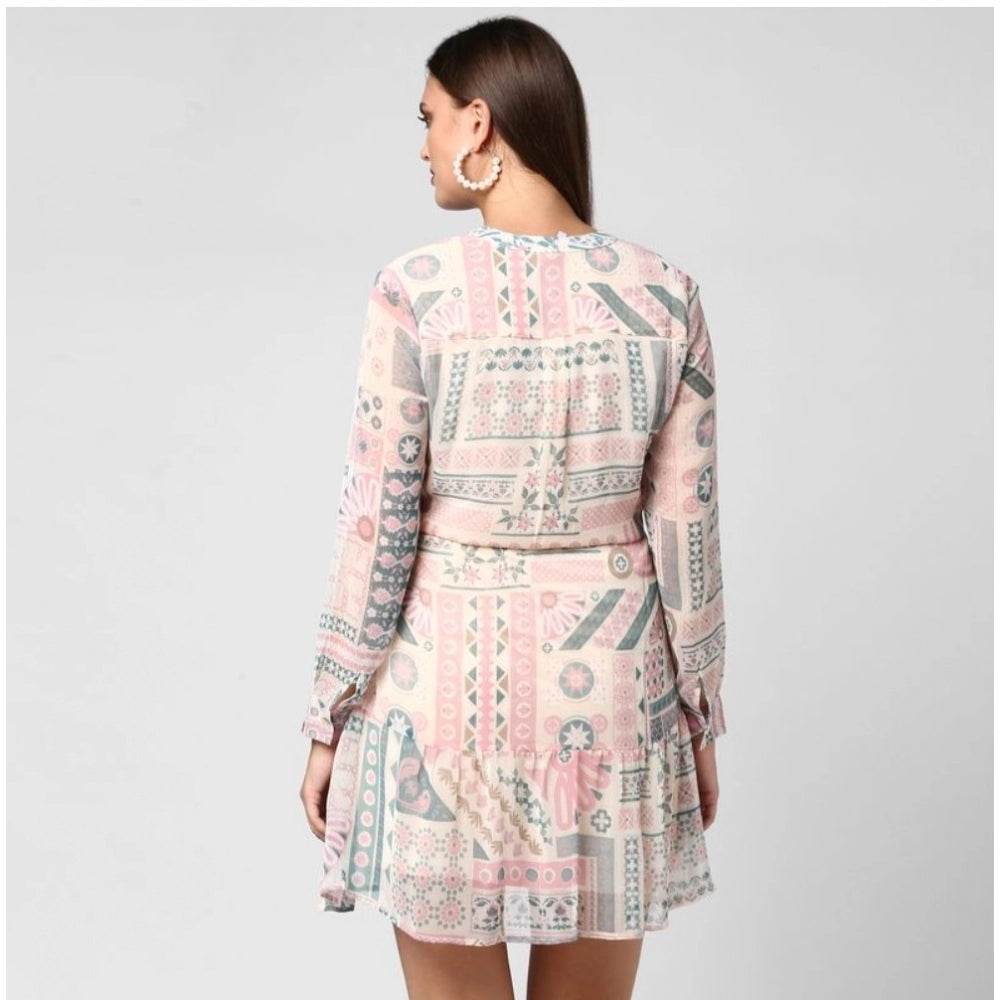 Women'S Polyester Printed Long Sleeves Above Knee Dress (Light