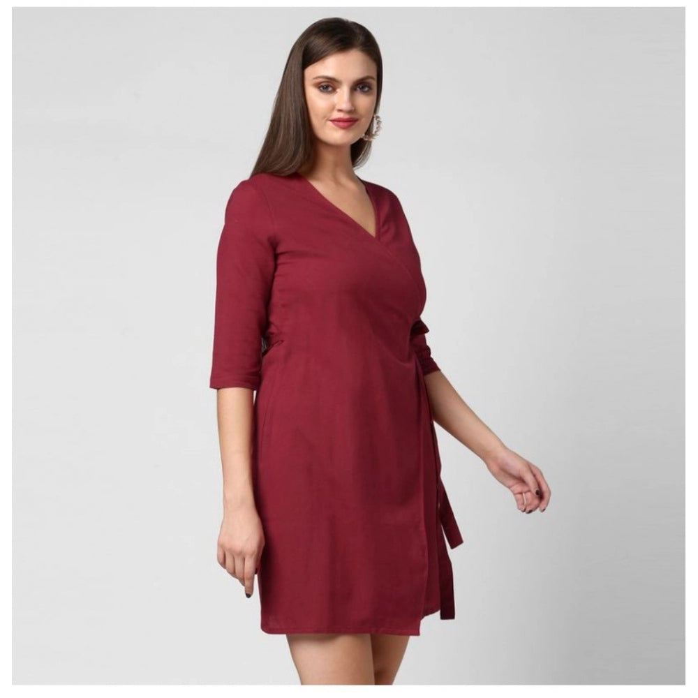 Women'S Cotton Solid 3-4Th Sleeves Above Knee Dress (Maroon)