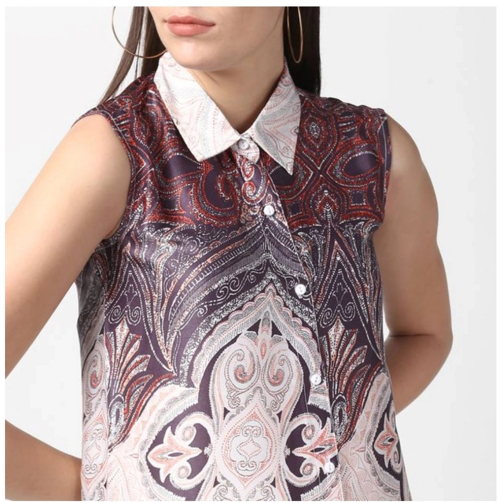 Women'S Polyester Printed Sleeveless Above Knee Dress (Orange)