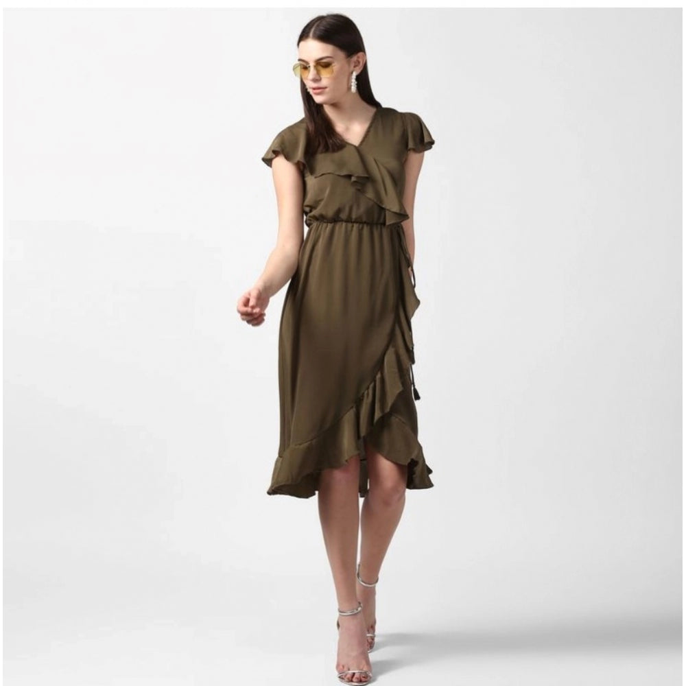 Women'S Polyester Ruffled Cap Sleeve Knee-Length Dress (Olive)