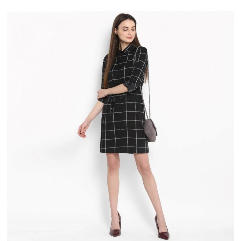 Women'S Polyester Checkered Roll Up Sleeve Above Knee Dress (B