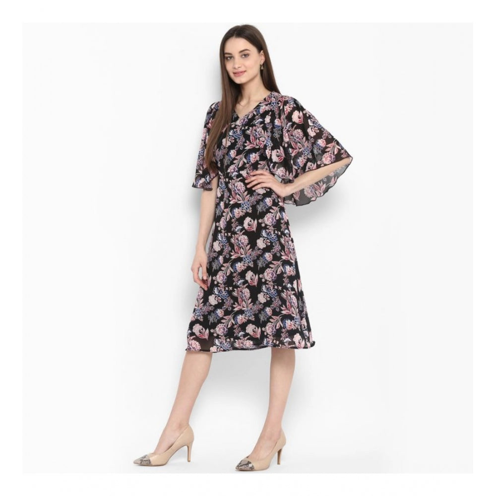 Women'S Polyester Floral Short Sleeve Knee-Length Dress (Black