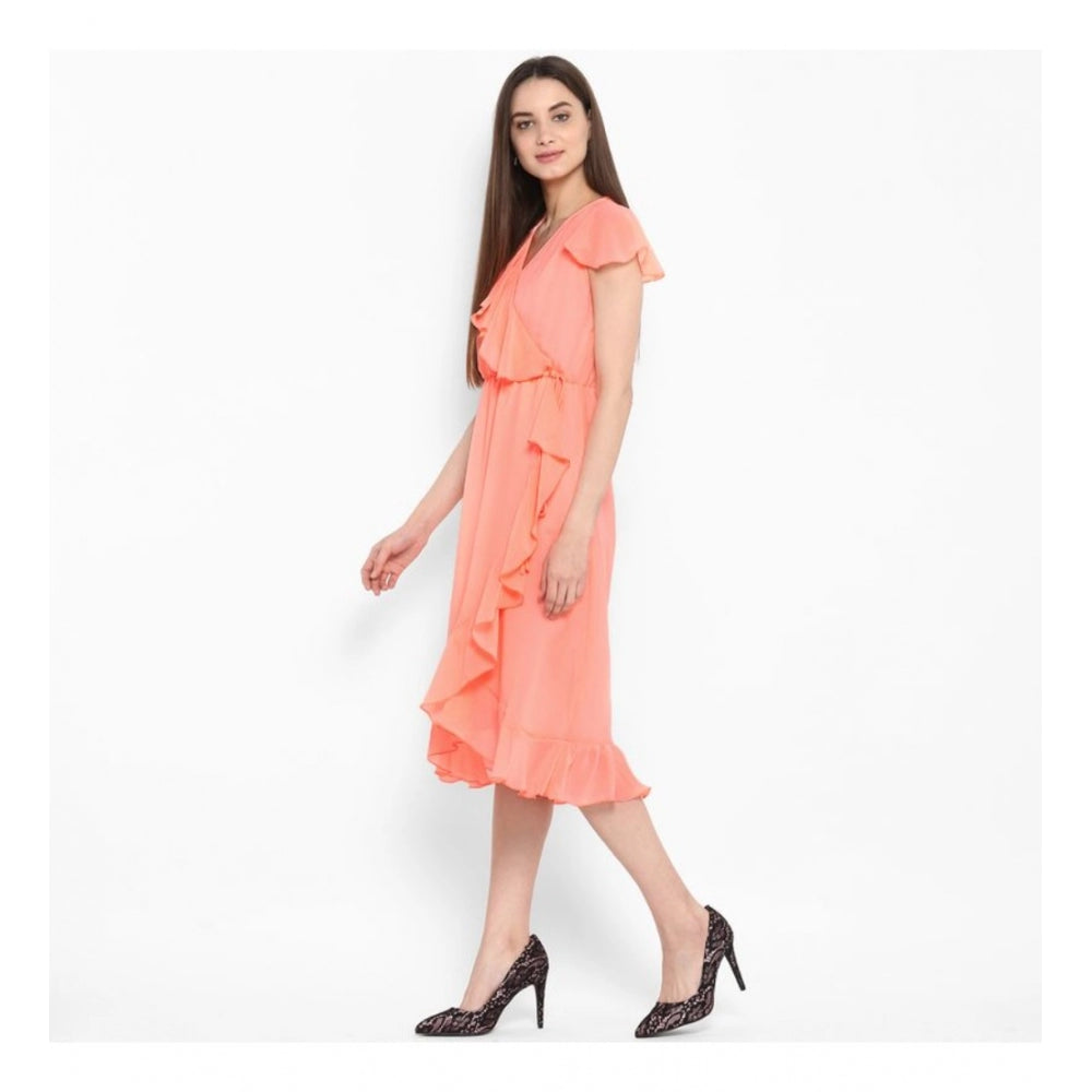Women'S Polyester Ruffled Cap Sleeve Below Knee Dress (Neon Pi