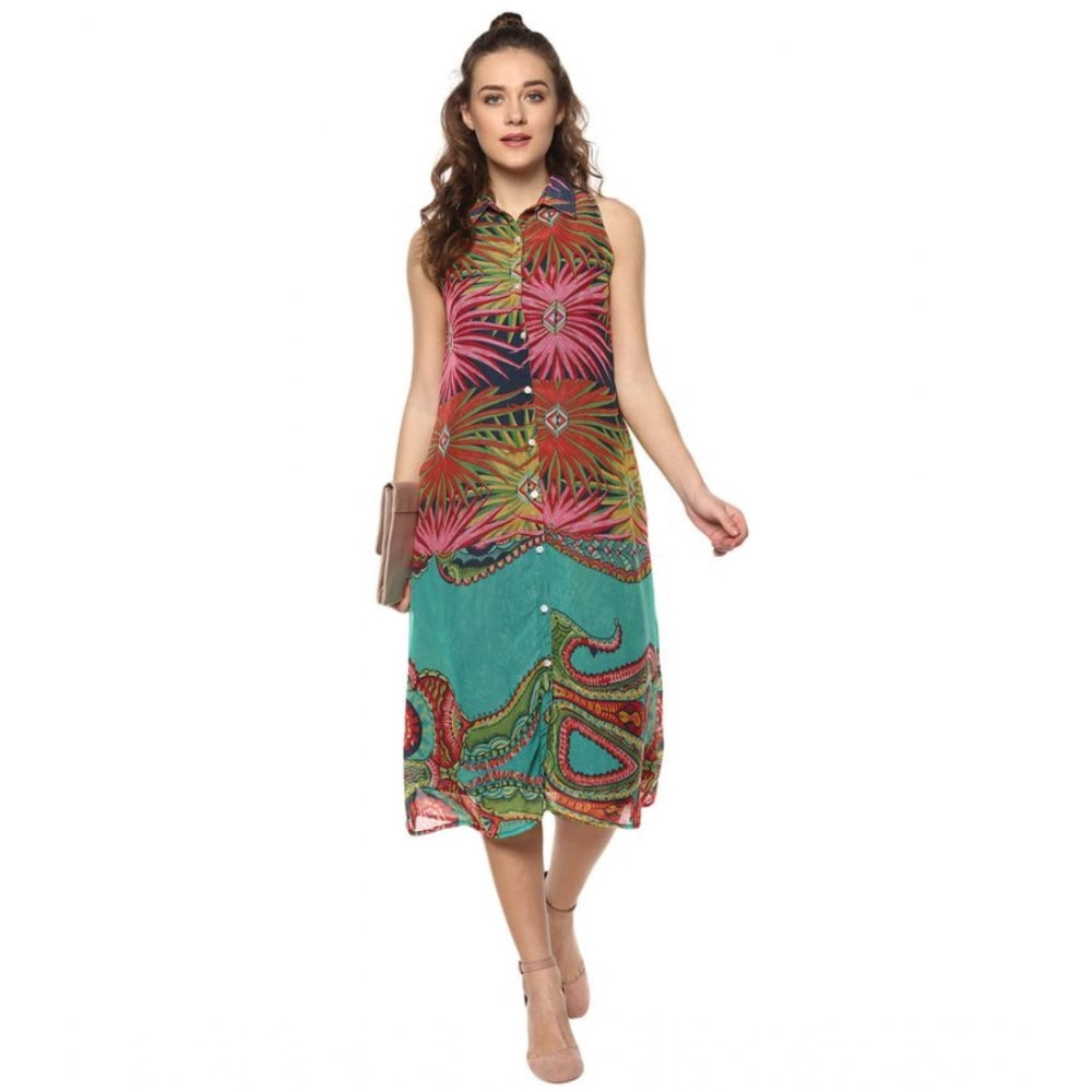 Women's Polyester Floral Sleeveless Below Knee Dress (Multicolor)