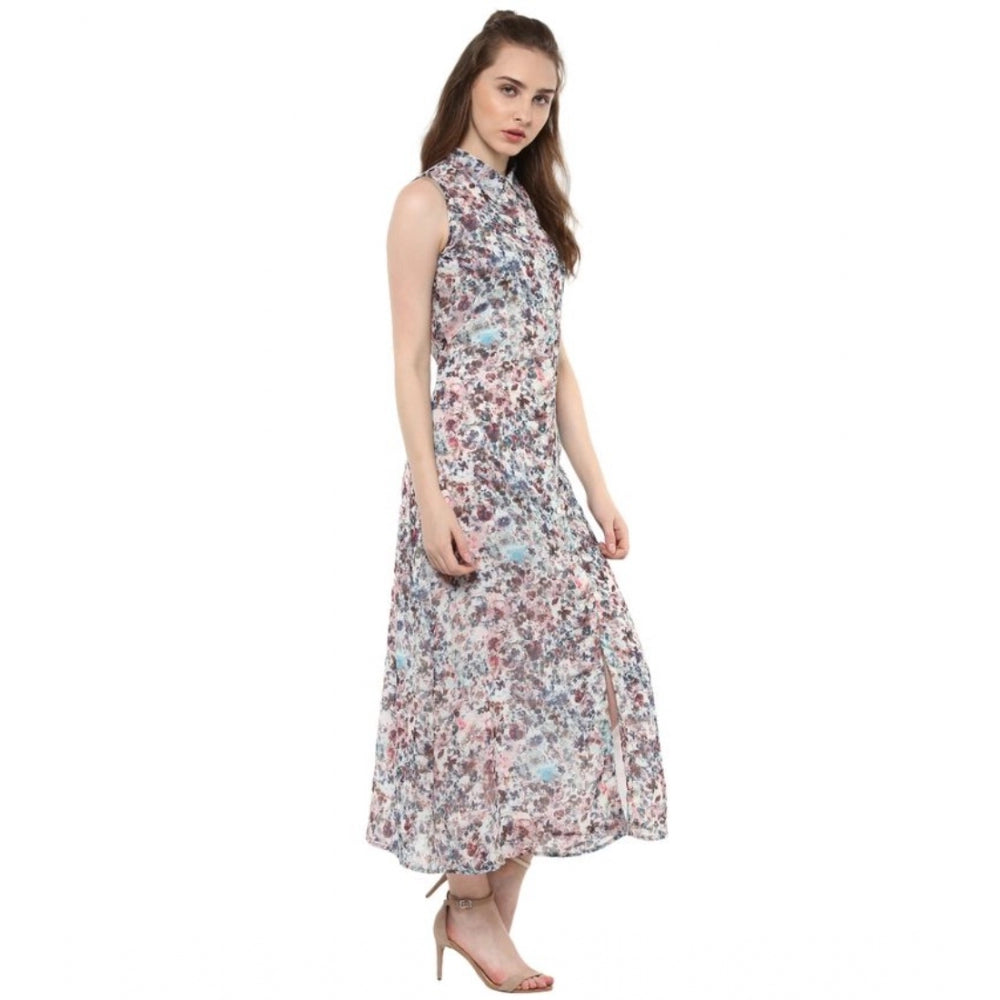Women'S Polyester Chiffon Printed Sleeveless Dress (Multicolor