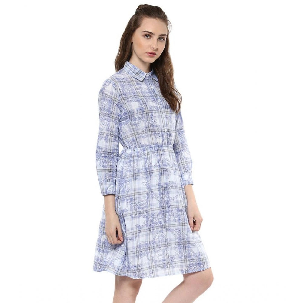 Women'S Cotton Checkered Roll Up Sleeve Above Knee Dress (Blue
