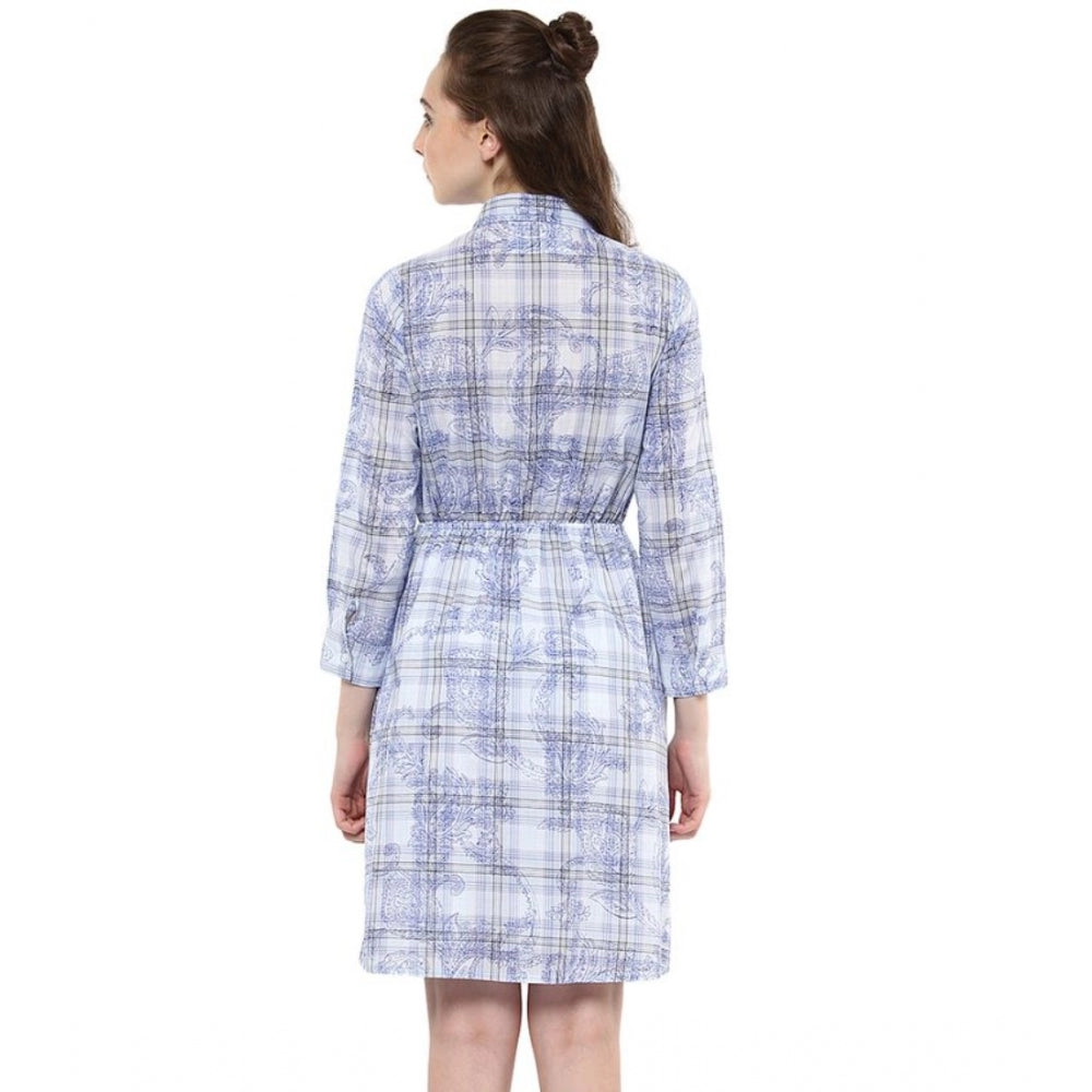 Women'S Cotton Checkered Roll Up Sleeve Above Knee Dress (Blue