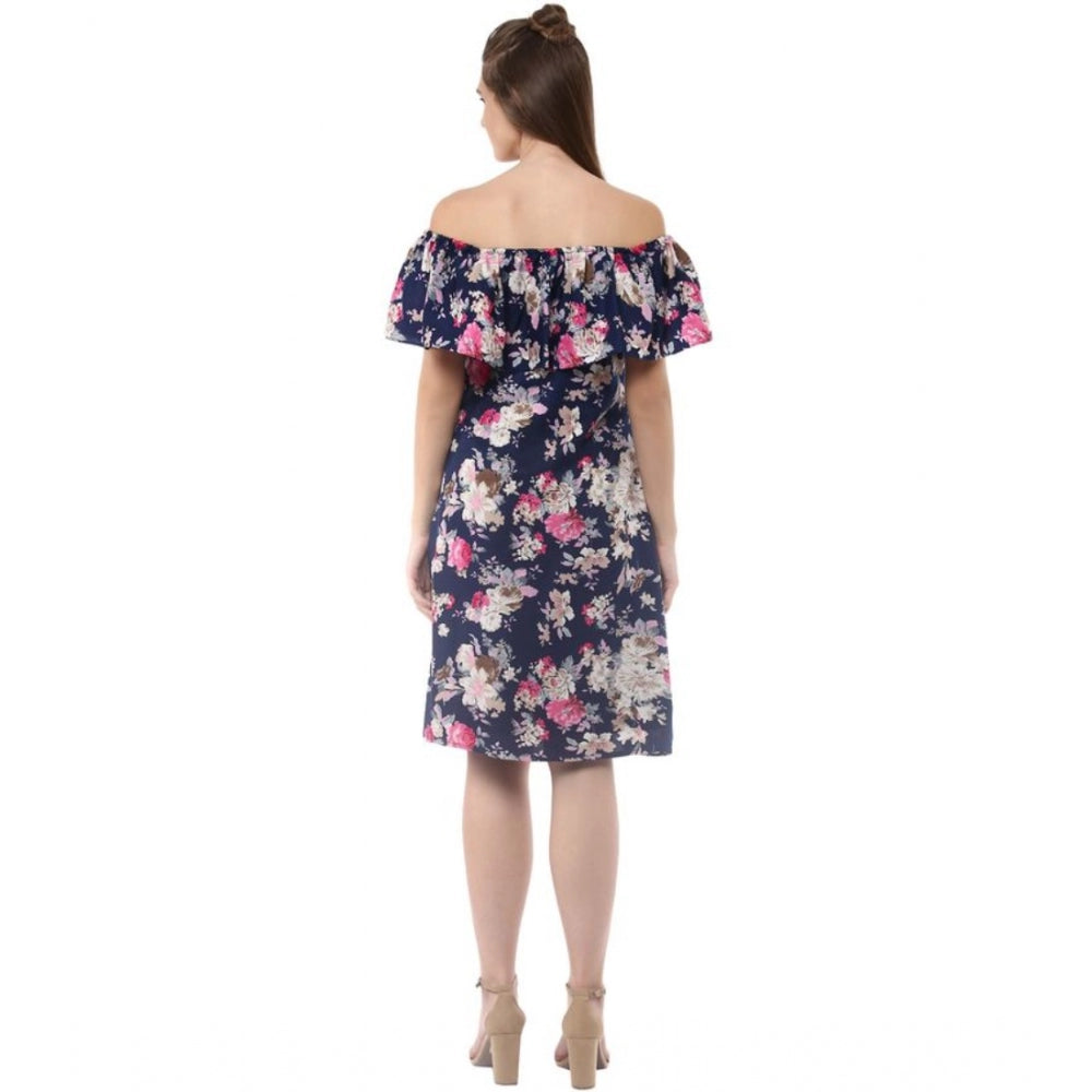 Women'S Polyester Crepe Floral Half Sleeve Above Knee Dress (N