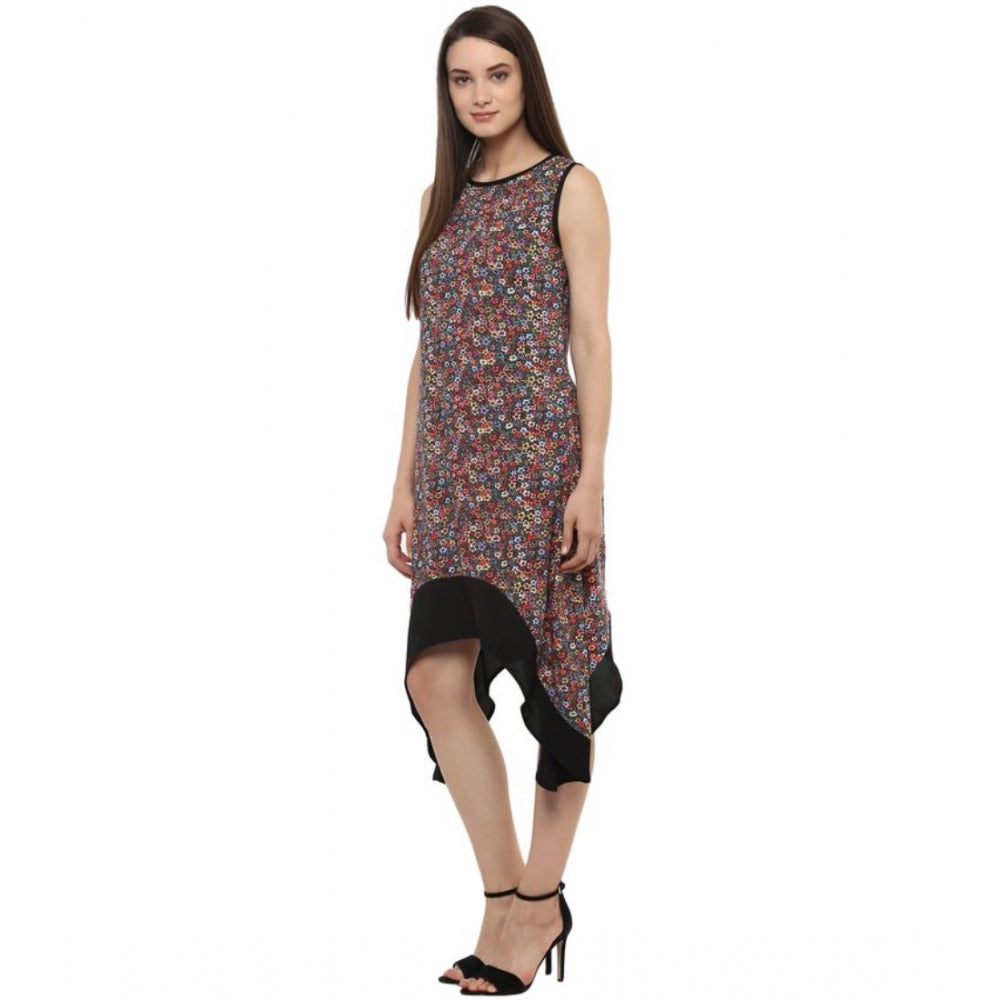 Women'S Polyester Printed Sleeveless Knee-Length Dress (Multic