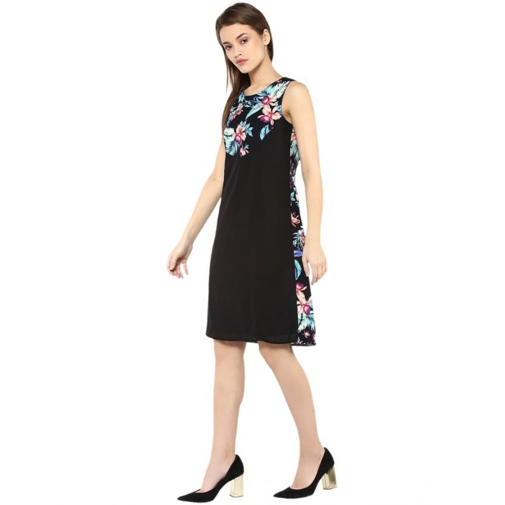 Women'S Polyester Printed Sleeveless Above Knee Dress (Black
