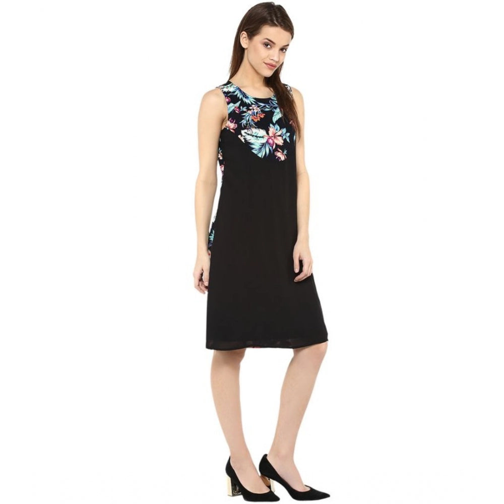 Women'S Polyester Printed Sleeveless Above Knee Dress (Black