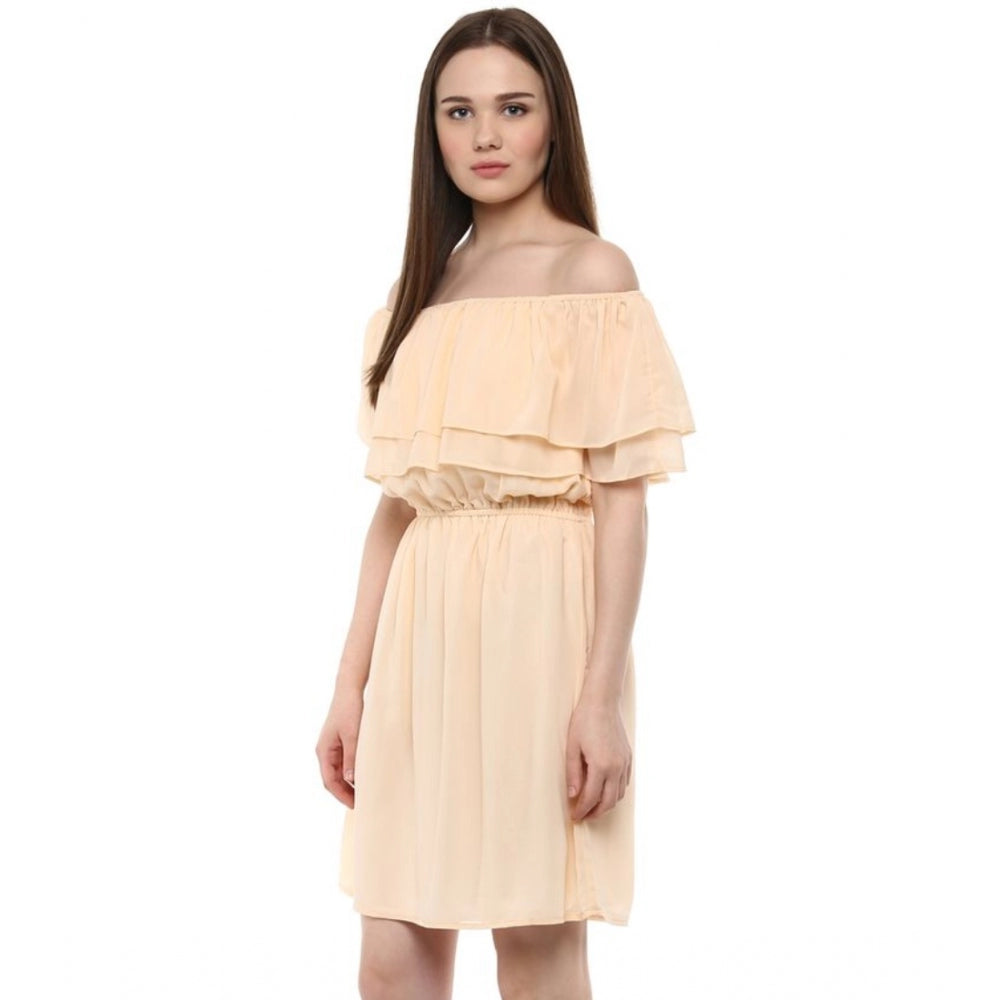 Women'S Polyester Solid Sleeveless Knee-Length Dress (Beige)