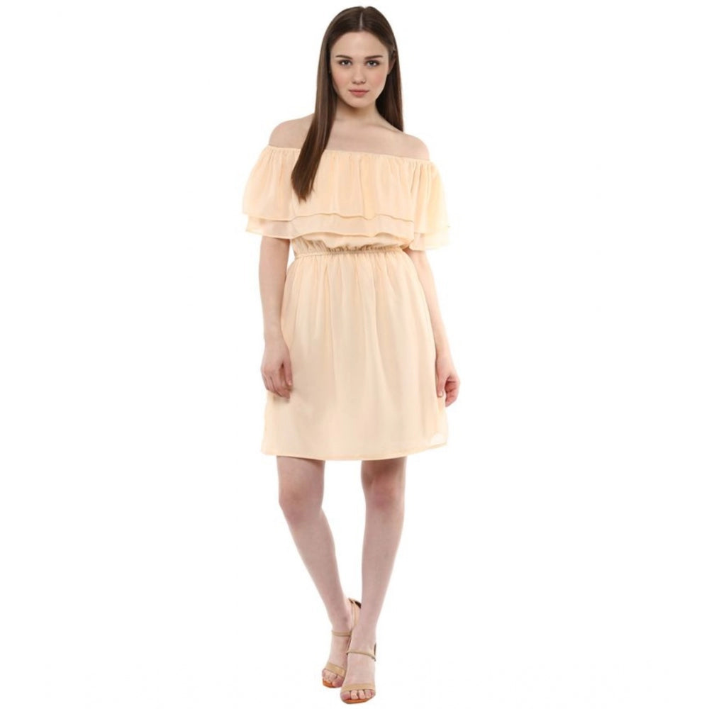Women'S Polyester Solid Sleeveless Knee-Length Dress (Beige)