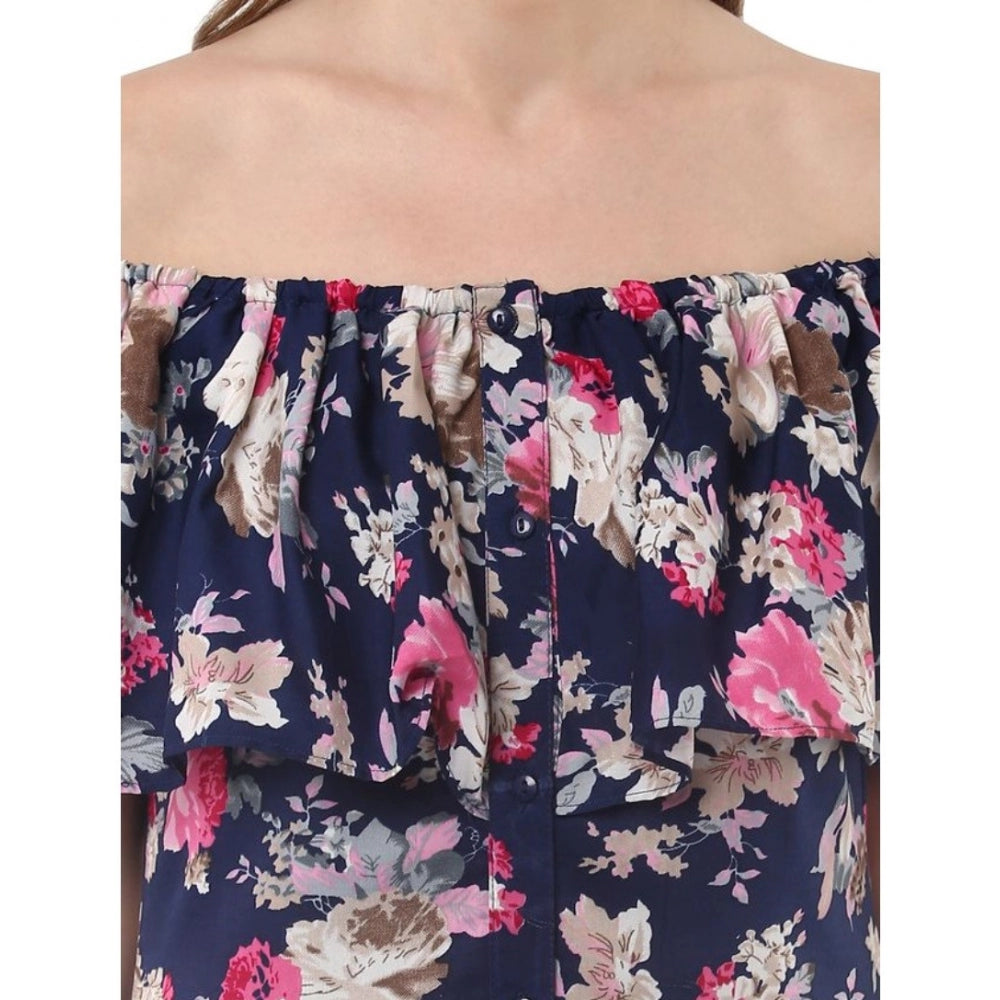 Women'S Polyester Crepe Floral Half Sleeve Above Knee Dress (N