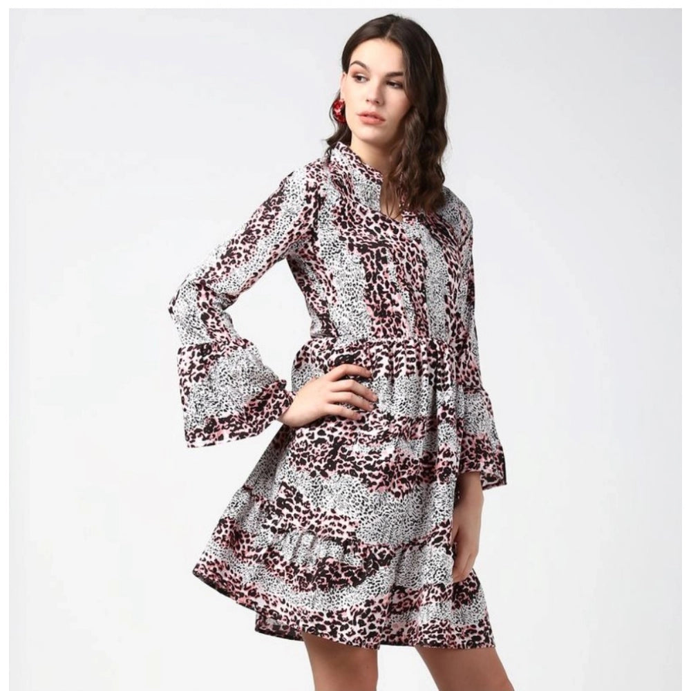 Women'S Polyester Animal Print Bell Sleeve Above Knee Dress (P
