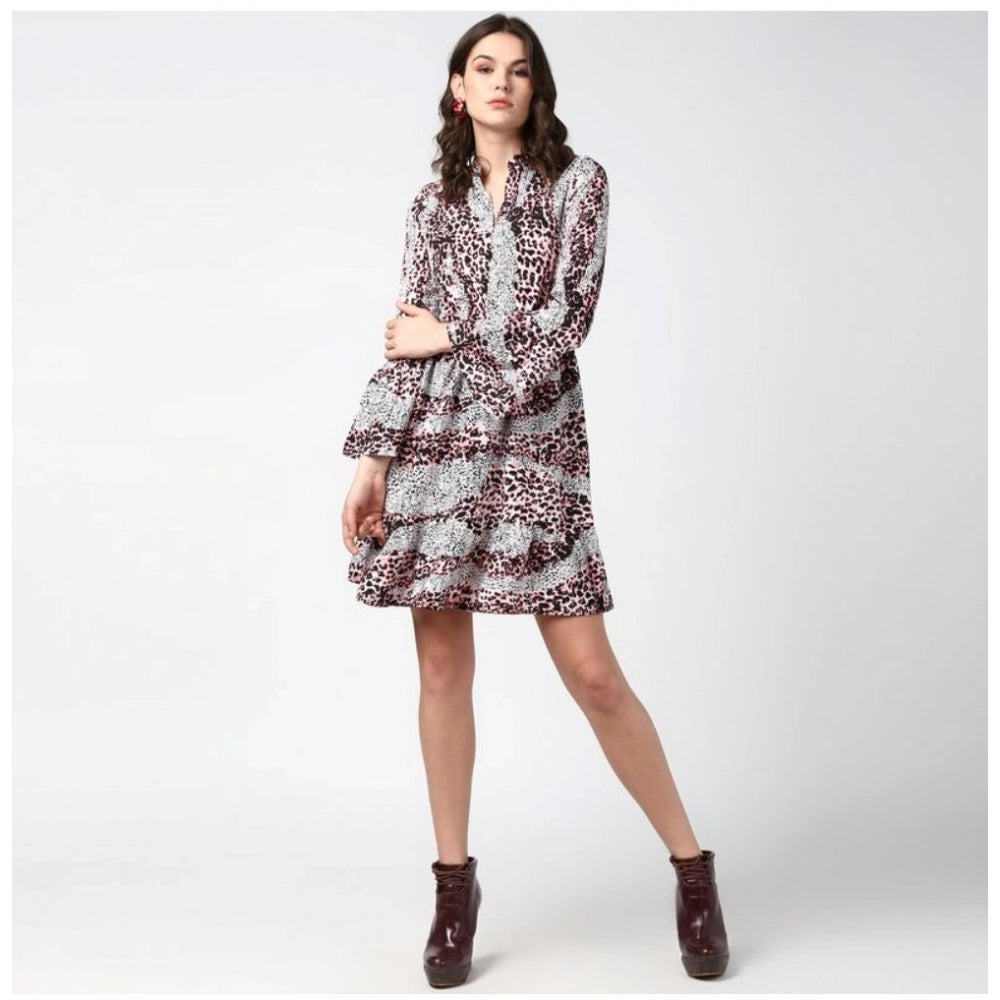 Women'S Polyester Animal Print Bell Sleeve Above Knee Dress (P