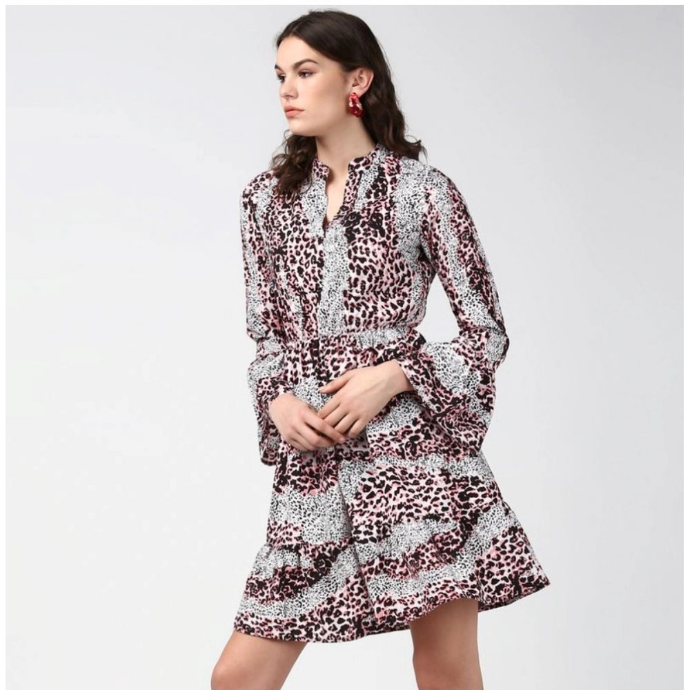 Women'S Polyester Animal Print Bell Sleeve Above Knee Dress (P